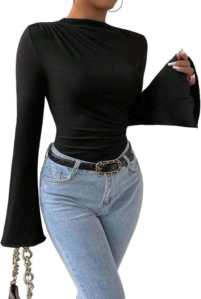 MakeMeChic Women's Elegant Flare Long Sleeve Mock Neck Ruched Solid Bodysuit Shirt Tops