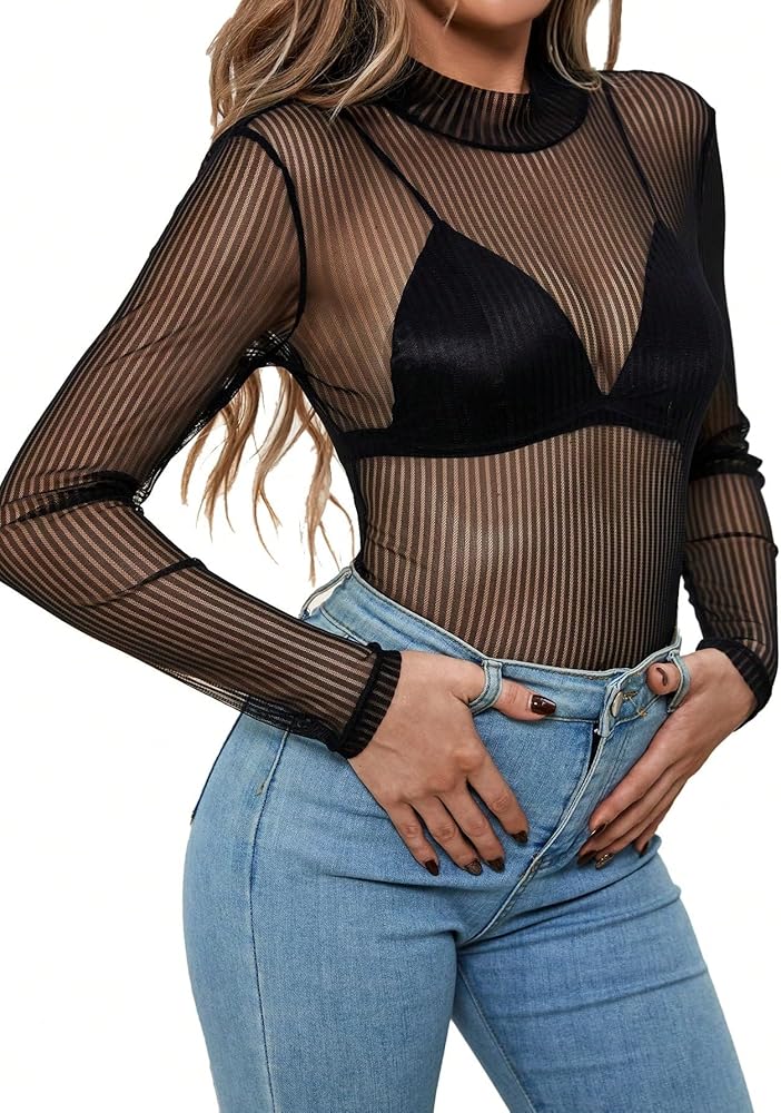 WDIRARA Women's Mesh Sheer Tops Long Sleeve Mock Neck Skinny Bodysuit Jumpsuits