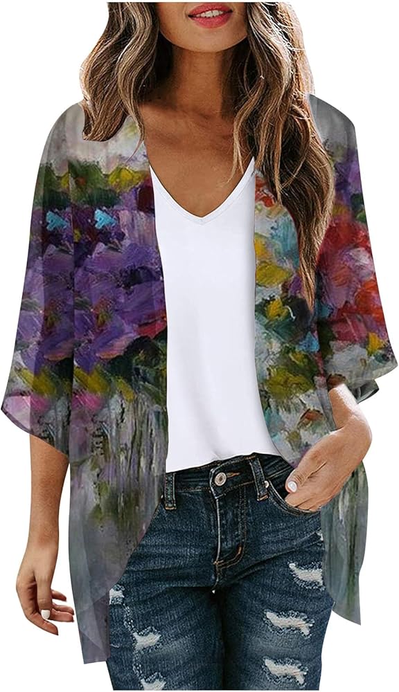 Hawaiian Shirts for Women 2024 Summer Casual Cardigan Tops Chiffon Flowy Beach Cover Ups Boho Lightweight Floral Kimonos