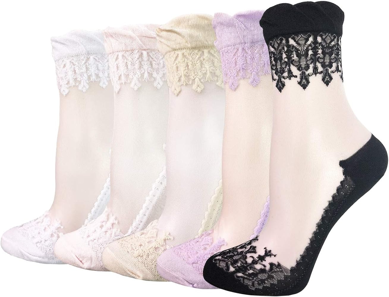 Cityelf 5 Pack Women Sheer Socks Summer Ruffle Thin Cool Socks See Through Silky Lace Ankle Cute Socks Stocking