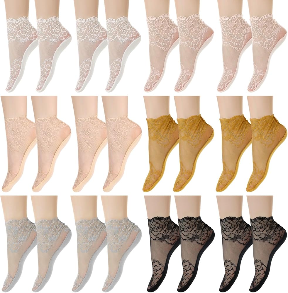 Geyoga 12 Pairs Women's Lace Ankle Socks Mesh Lace Fishnet Ankle Socks for Accessories Dress