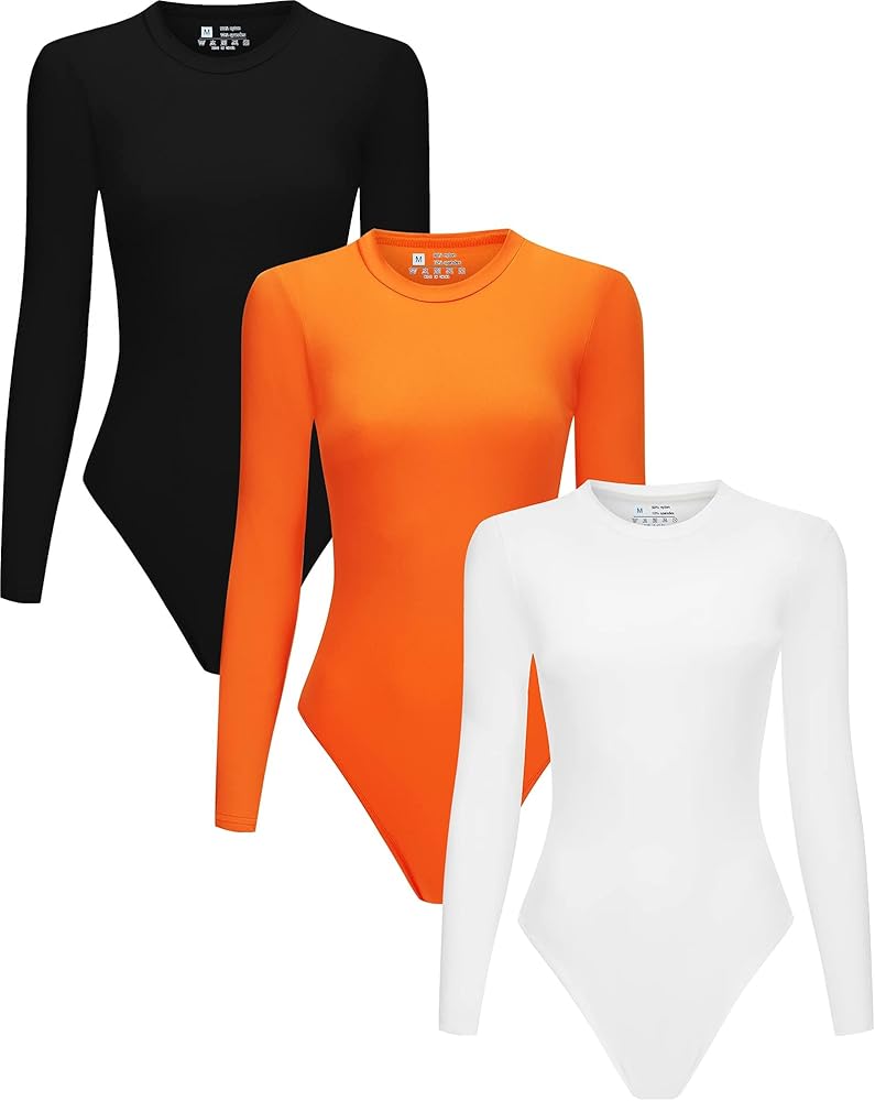 3 Piece Women's Crew Neck Long Sleeve Bodysuits T Shirts Body Suit Top