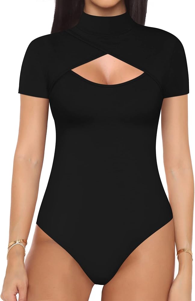 MANGOPOP Bodysuits for Women Mock Neck Cutout Front Short Sleeve Bodysuit Tops