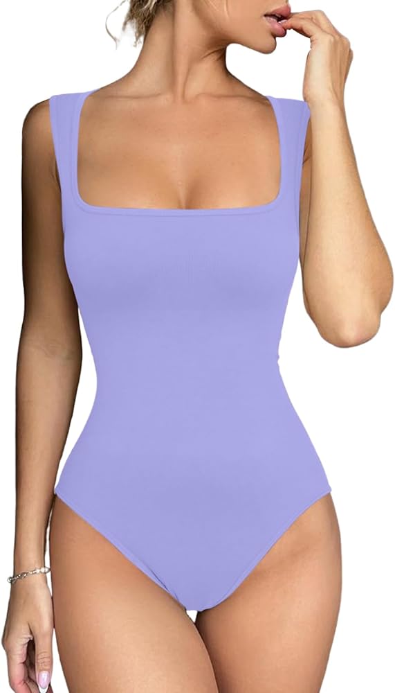 Meyeeka Women's Seamless Bodysuit Square Neck Sleeveless Tapered Shoulder Straps Tank Tops Summer