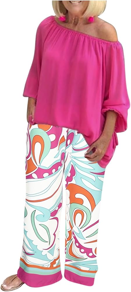 WKSCLPAI Vacation Outfits For Women 2 Piece Set Tropical Beach Trendy Suit Sets Casual Loose Comfy Tops Wide Leg Pants Outfit