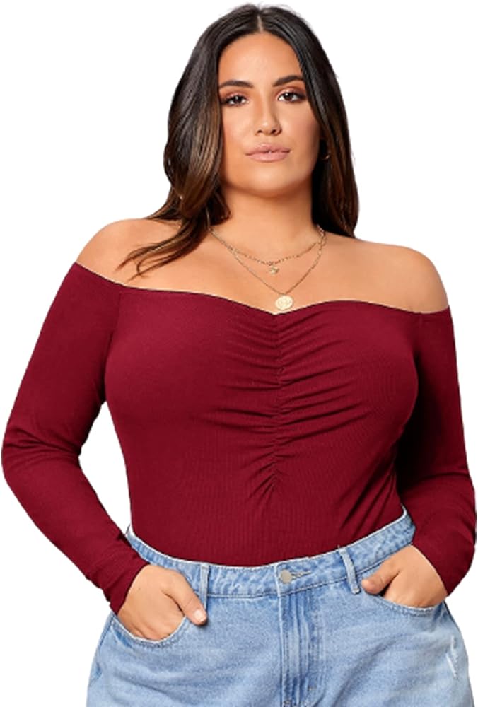 WDIRARA Women's Plus Size Off the Shoulder Long Sleeve Ruched Bodysuit Tops