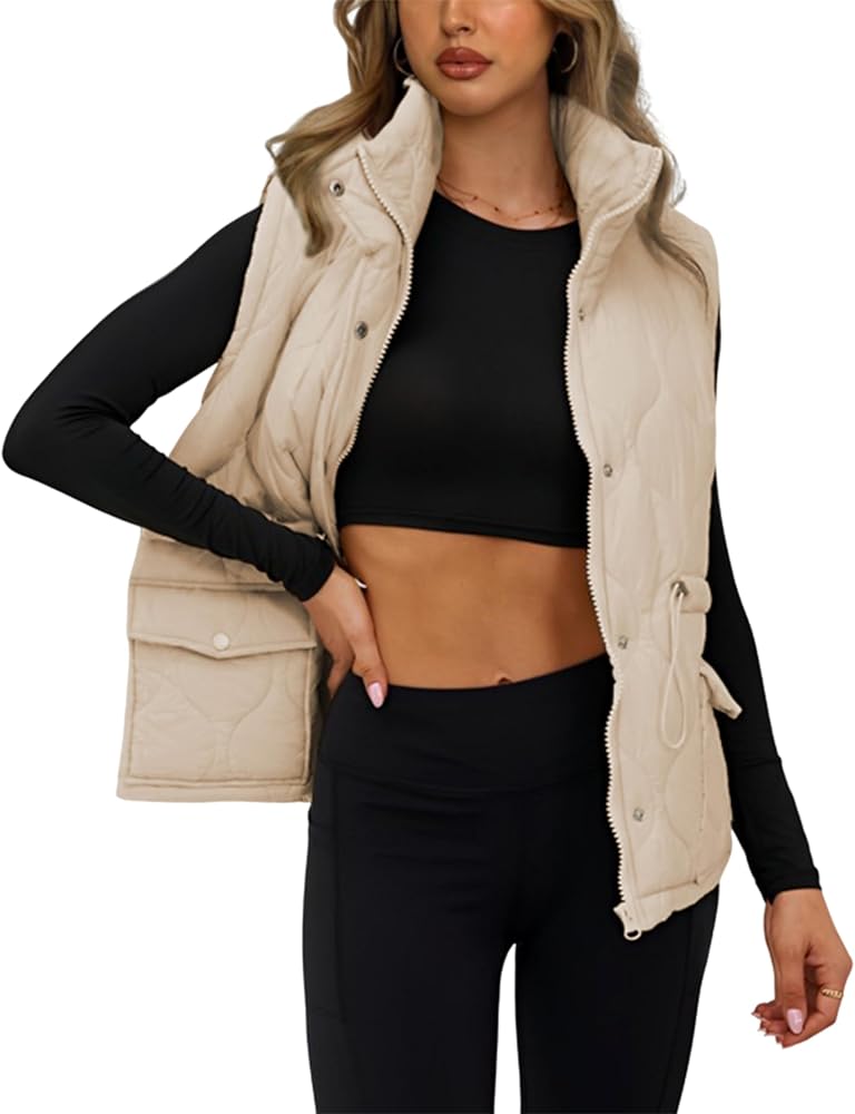 Womens Puffer Sleeveless Jacket Stand Collar Quilted Vest Sleeveless Padded Gilet Coat with Pockets