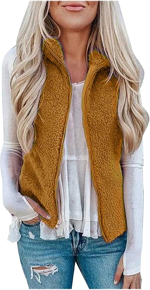 Womens Fuzzy Sherpa Fleece Jacket Lightweight Vest Casual Sleeveless Zipper Plush Waistcoat Cardigan with Pocket