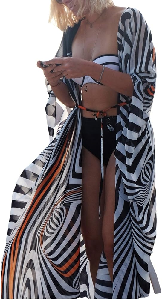 Bsubseach Women's Loose Zebra Print Short Sleeve Chiffon Bikini Cover Up Swimwear Kimono Cardigan Long Blouses