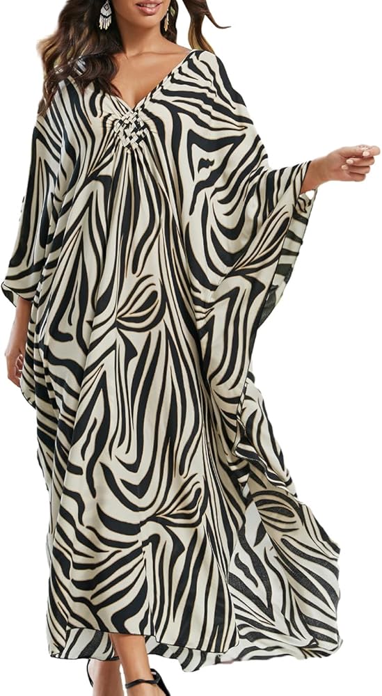 Eddoyee Women Animal Print Kaftan Dress Long Sleeve Beach Bathing Suit Cover Ups V-neck Plus Size Caftan