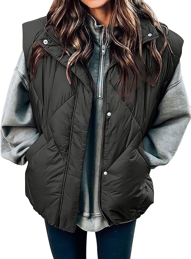 LEANI Women's 2024 Oversized Puffer Vest Sleeveless Stand Collar Puffer Jacket Zip Up Gilet Coat With Pockets