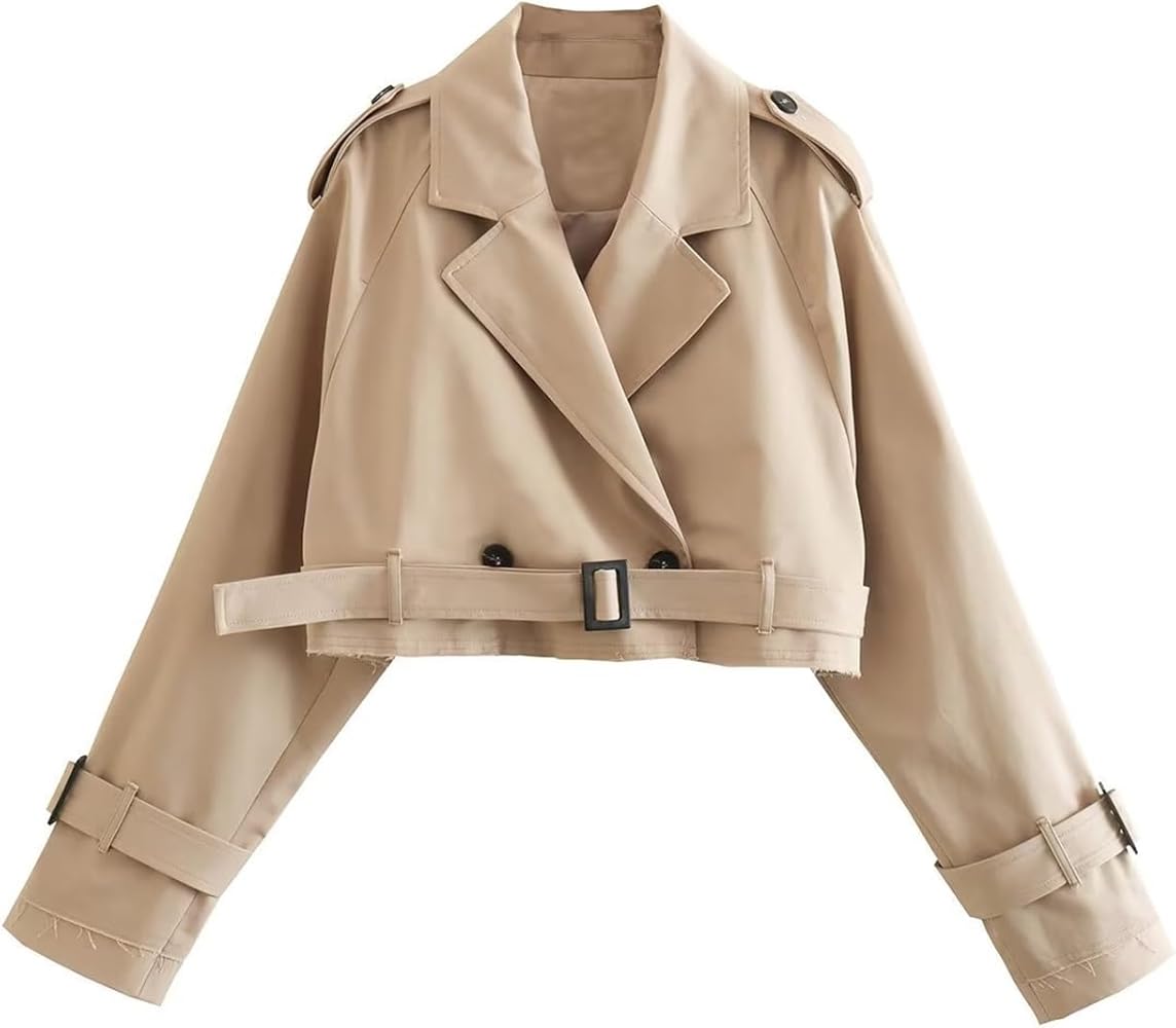 Women's Cropped Jacket Lapel Long Sleeve Crop Trench Coat Loose Pea Outwear with Belt