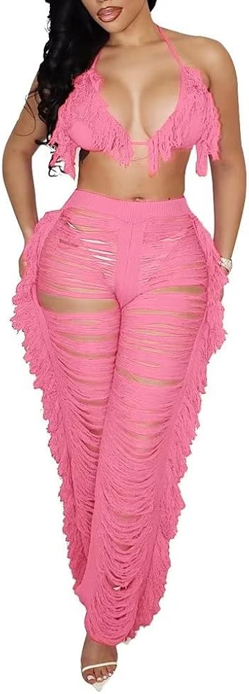 Womens Sexy 2 Piece Outfits Hollow Out Halter Bra top Tassel Long Pants Set Beachwear