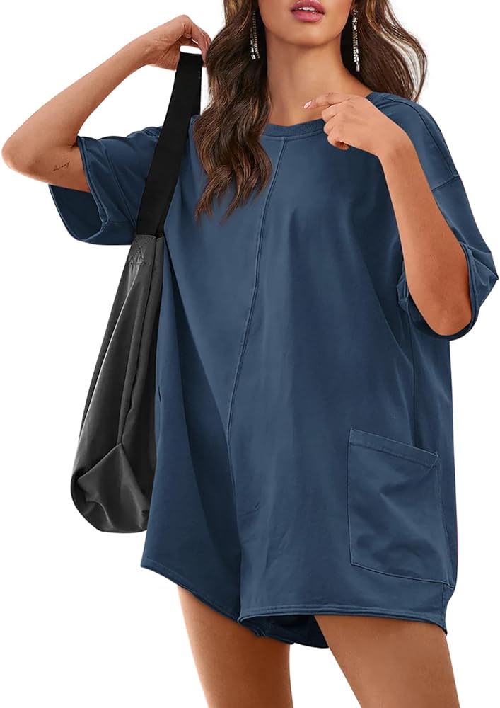 Yousify Rompers for Women 2024 Summer Athletic Oversized Romper Short Sleeve Jumpsuit with Pockets