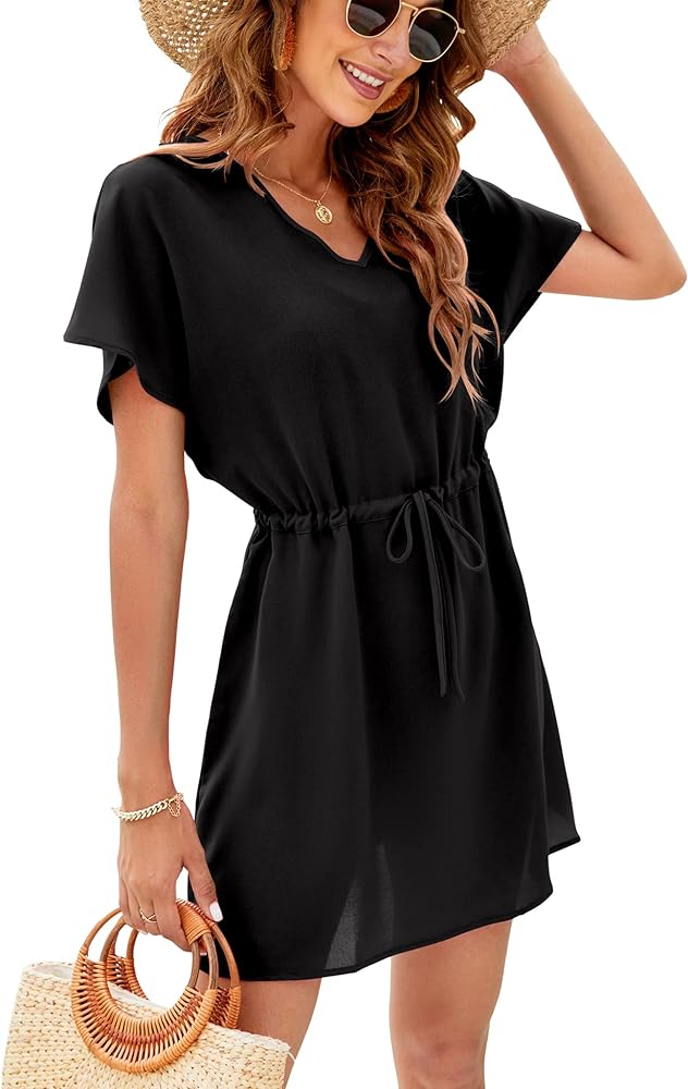 Bluetime Women Casual Swim Cover up V-Neck Summer Coverups Flowy Short Sleeve Mini Beach Dress