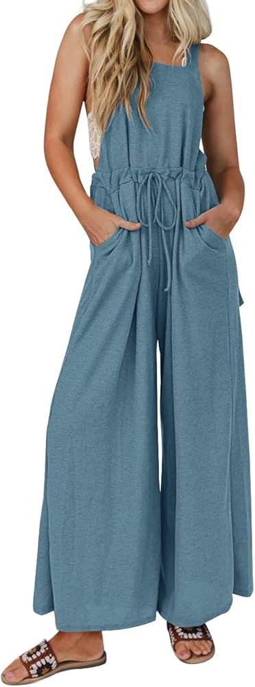 luvamia Jumpsuits for Women Loose Fit Waffle Knit Baggy Fashion Wide Leg Jumpsuit Overalls Comfy Casual Long Pant Romper