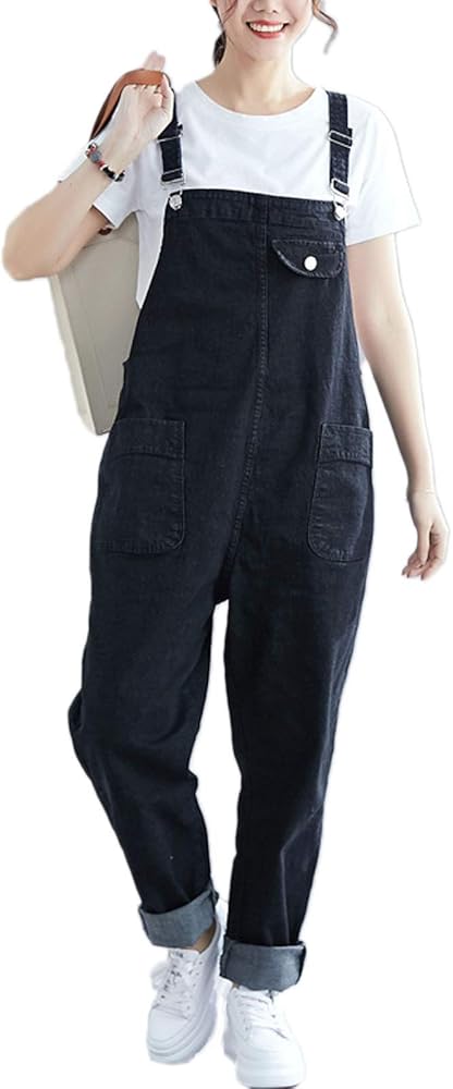 Flygo Women's Loose Baggy Denim Bib Overalls Jumpsuit Harem Pants