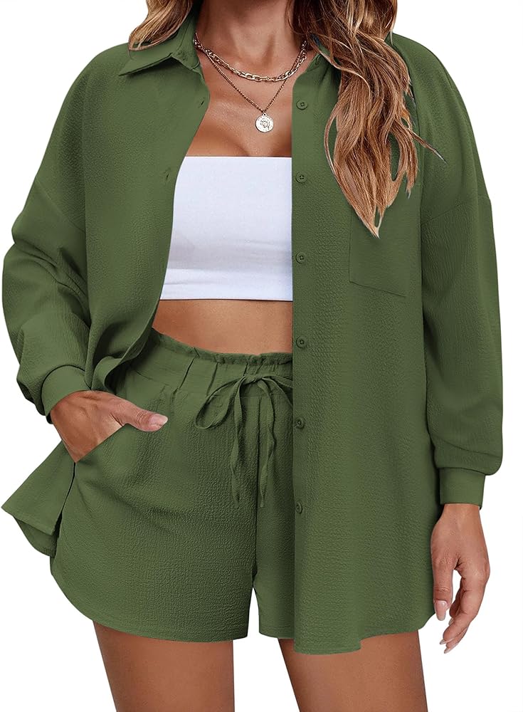 IN'VOLAND Women's Plus Size 2 Piece Tracksuit Outfits Sets Button Down Shirt Drawstring Shorts Set Summer Casual Tracksuits