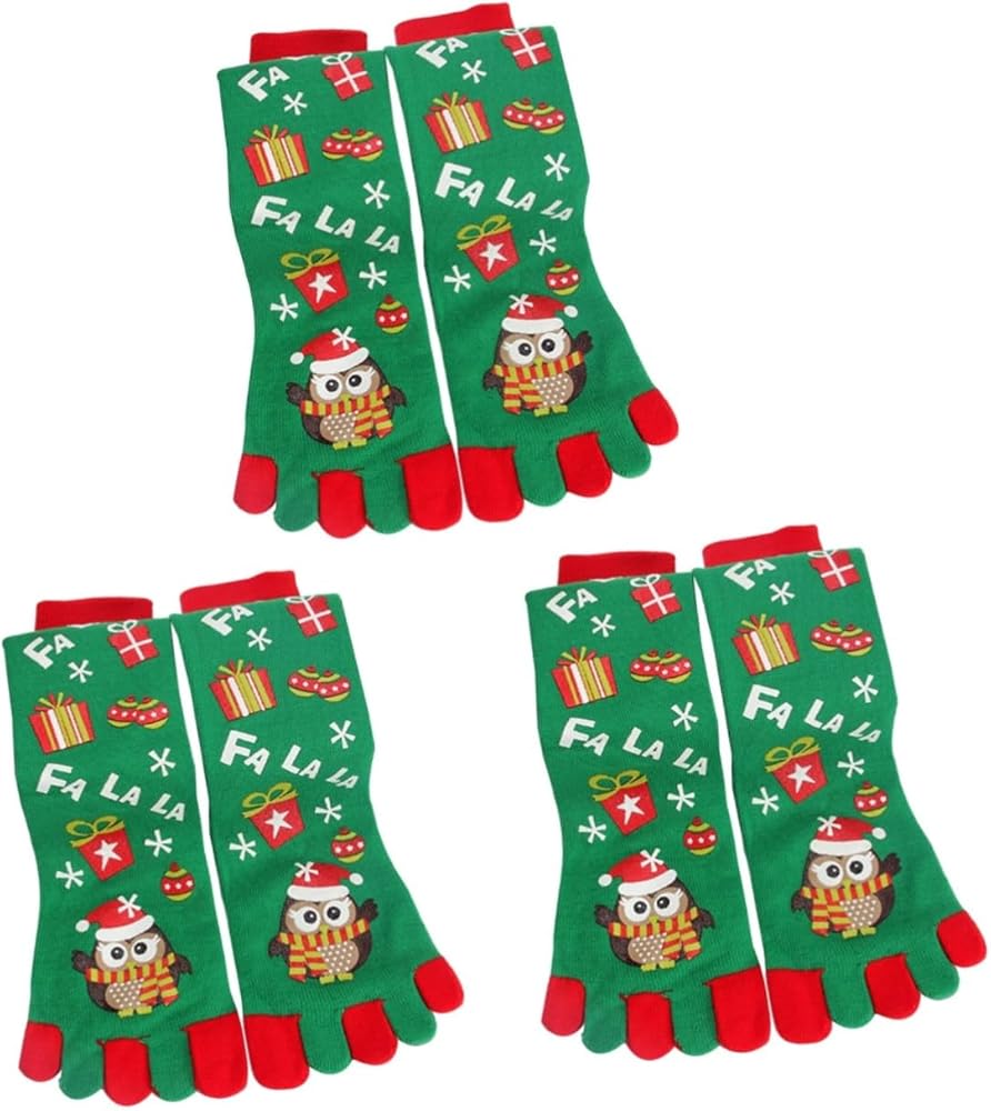 NOLITOY 3 Pairs Christmas Five Finger Socks Five Finger Crew Socks Winter Socks Christmas Toe Separator Socks 5 Finger Socks Women's Socks & Hosiery Toe Socks Miss Stocking Cartoon