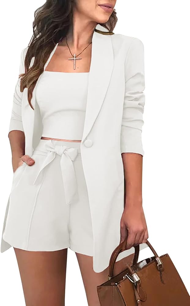 3 Piece Blazer Sets for Women Open Front Button Blazer + Crop Tops + Shorts Bottoms with Belt Business Suit Sets