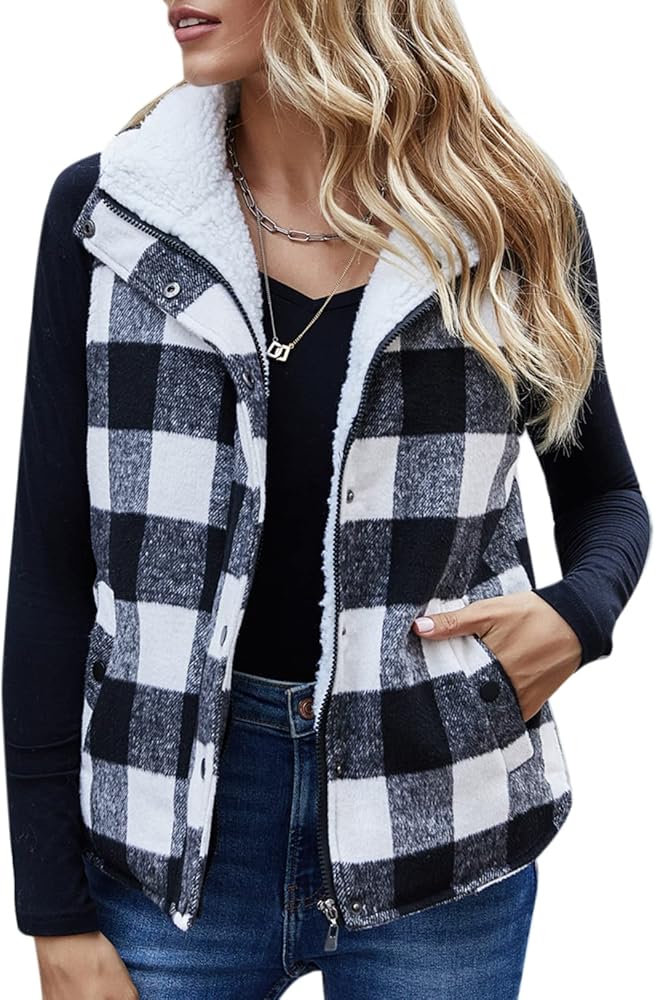 Women Winter Buffalo Plaid Jacket Vest Padding Vests Sherpa Fleece Zip Up Quilted Gilet Coat