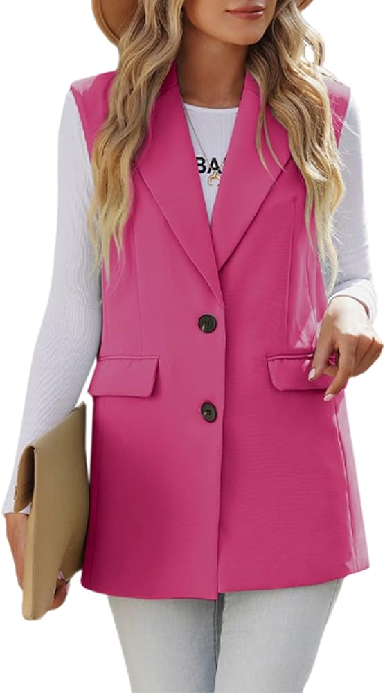 Happy Sailed Womens Long Blazer Vest Trendy Two Button Sleeveless Office Blazers Jacket Suit with Pockets