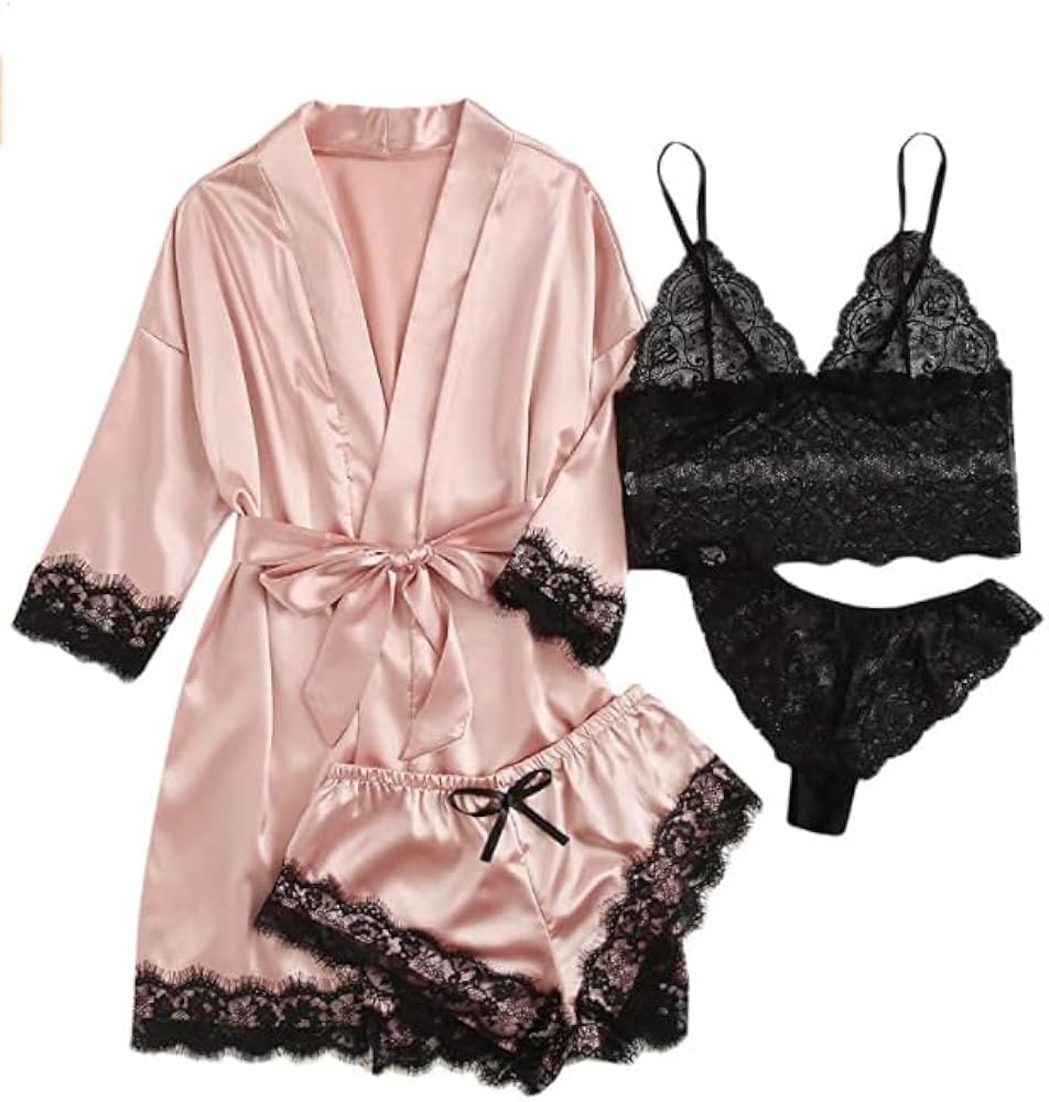 Womens Silk Pajamas Robes Set 4PACKS Sexy Pjs Cami Shorts Satin Sleepwear Lace Loungewear