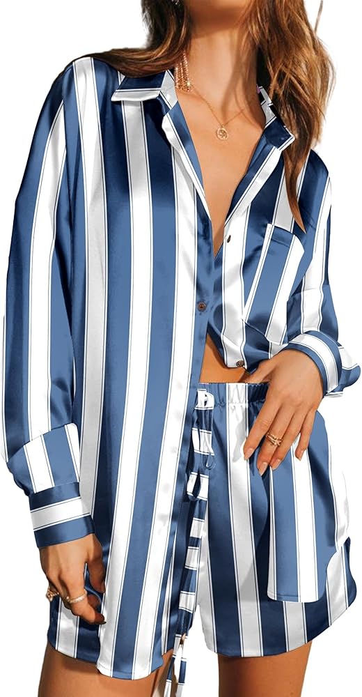 Ekouaer Womens 2 Piece Satin Pajama Set Long Sleeve Lounge Sets Button Down Tops and Shorts PJs Soft Sleepwear Set Blue Stripe S