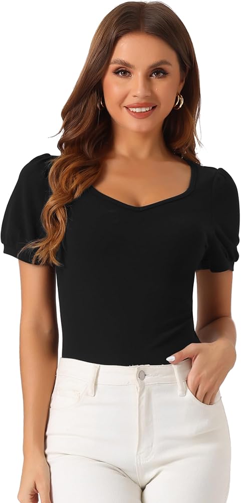 Allegra K Short Sleeve Bodysuit for Women's Sweetheart Neck Casual Top