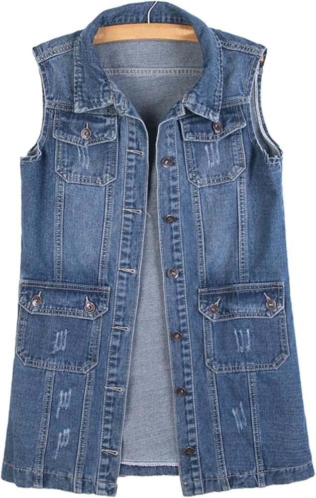 Women Button Down Mid Long Denim Jean Vest Waistcoat Sleeveless Jacket