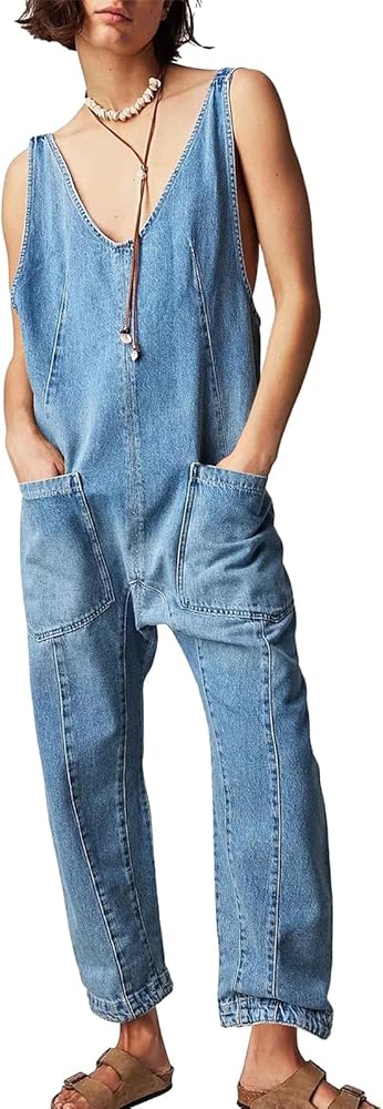 PLNOTME Women's Denim Overall Jumpsuits Sleeveless V Neck Adjustable Straps Jeans Long Pants Rompers