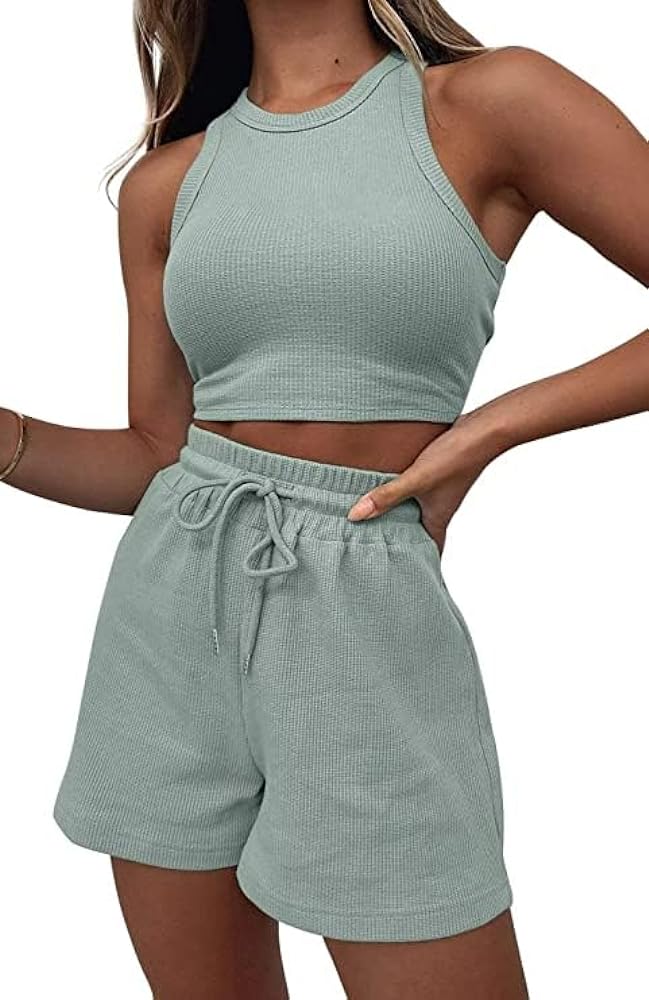 Women's Ribbed Knit Pajama Sleeveless Sweatsuits Crop Top Pullover Tracksuits Round Neck Loungewear Set