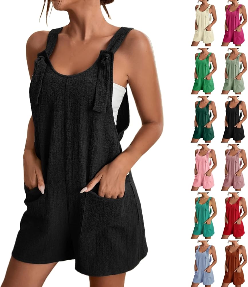 Jumpsuits for Women One Piece Summer Tie Shoulder Romper Overall Shorts Crewneck Sleeveless Strap Romper With Pocket