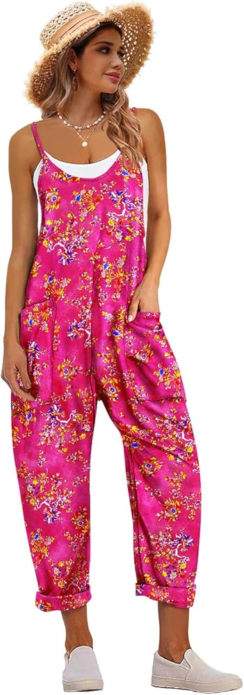 YESNO Women's Casual Floral Jumpsuits Spaghetti Straps Sleeveless Boho Summer Loose Harem Overalls Rompers with Pockets PZU