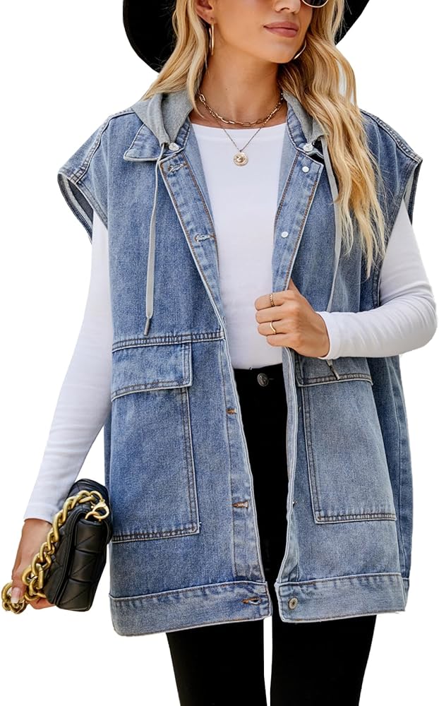 Womens Denim Jean Vest Oversized Sleeveless Button Down Mid Long Denim Jean Jacket