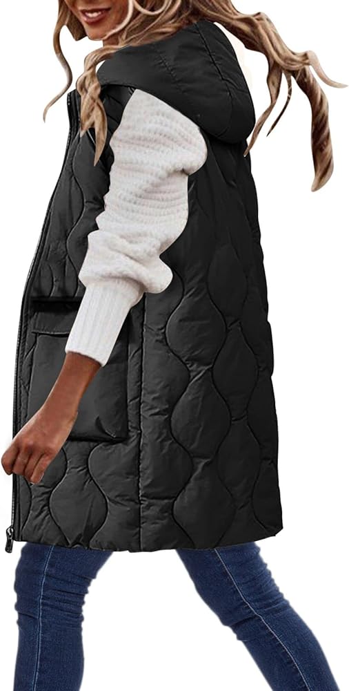 Long Puffy Vest Solid Sleeveless Zip Up with Pockets Hooded Vests Plus Szie Zipper Lightweight Quilted Outdoor Jacket