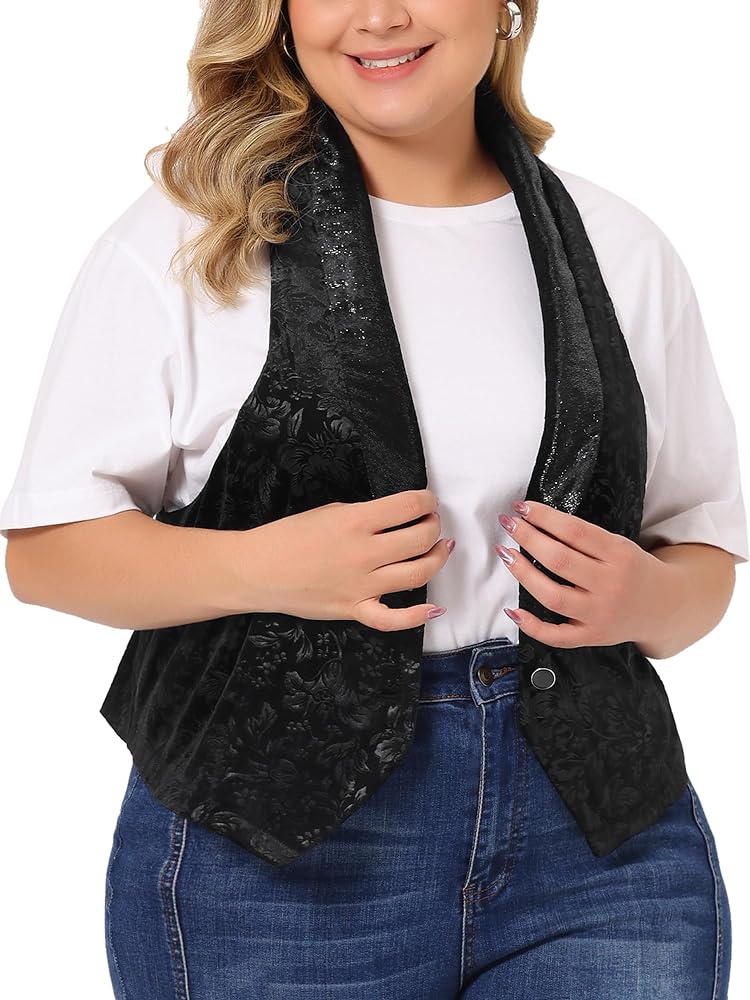 Agnes Orinda Plus Size Women's Vest Jacket Vintage Jacquard Lapel Collar Button Velvet Waistcoats