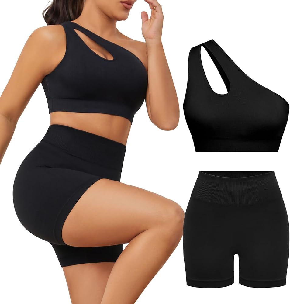 Women's 2 Piece Exercise One shoulder Sports Bra Tops High Waist Shorts Leggings Active Set