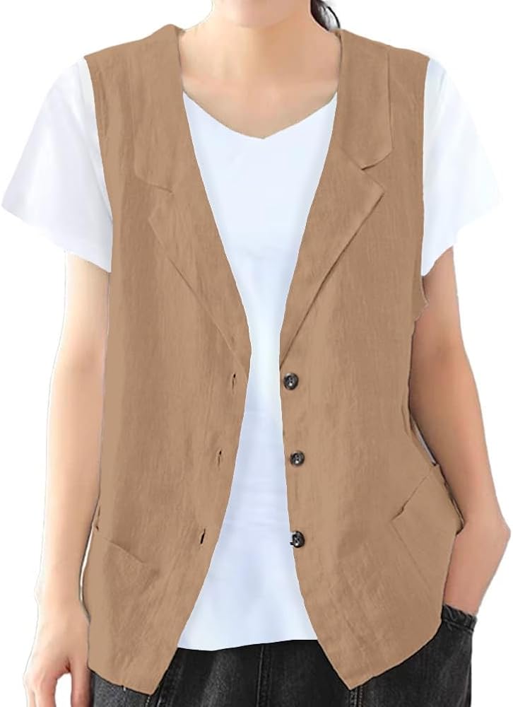 IDEALSANXUN Linen Vest for Women Casual Sleeveless Spring Summer Blazer Jackets