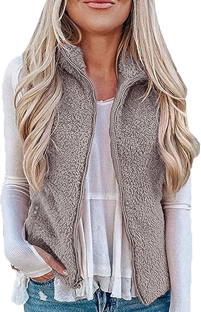 MEROKEETY Women's 2024 Winter Casual Sherpa Fleece Lightweight Fall Warm Zipper Vest with Pockets