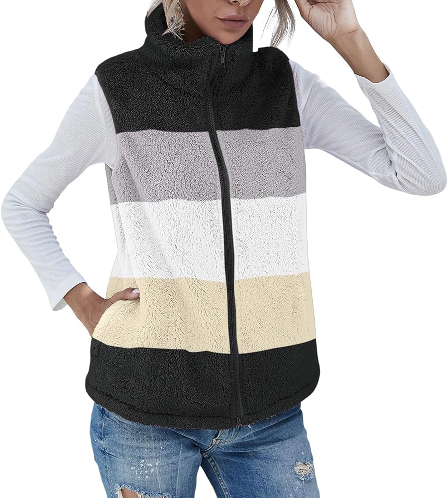 Womens Fuzzy Sherpa Fleece Vest Jacket Plus Size Lightweight Cozy Sleeveless Cardigan Zipper Outerwear With Pocket