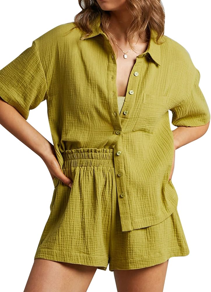 PEHMEA Women's Casual 2 Piece Outfits Cotton Linen Button Down Shirt Top Paper Bag Shorts Sets Summer Tracksuit(Yellow-XL)