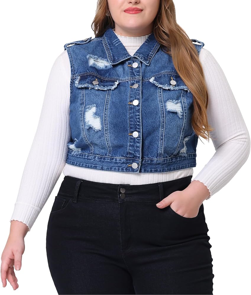 Agnes Orinda Plus Size Denim Vest for Women Sleeveless Button Jean Crop Denim Jacket Vest