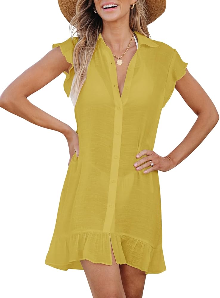 CUPSHE Women's Swimsuit Coverup Button Down Ruffle Beach Cover Ups Collared Mini Sheer Dress