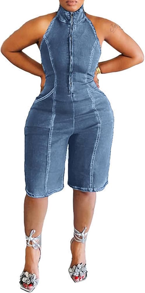 xxxiticat Women's Denim Jumpsuit Sleeveless Front Zipper Up Open Front Halter Neck Open Back One Piece Romper Overalls