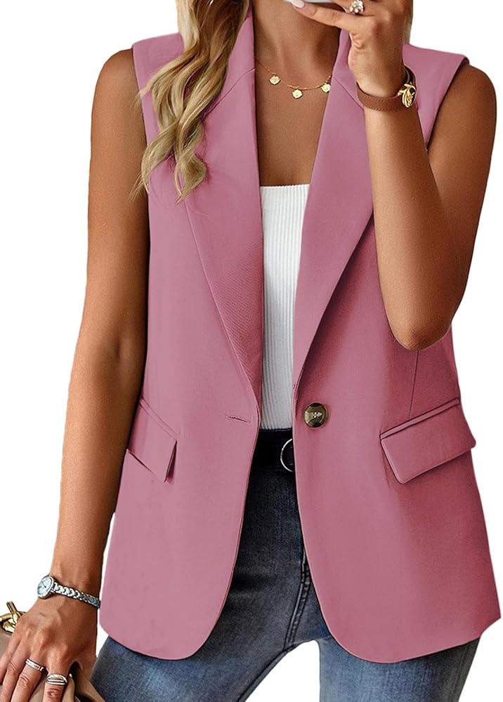 Women's Sleeveless Blazers Open Front Casual Blazer Vests Solid Color Lapel Single Button Lightweight Jackets Women