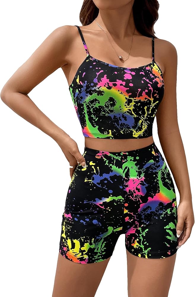 MakeMeChic Women's Casual Graphic Print Crop Cami Tops and Workout Biker Shorts 2 Piece Set