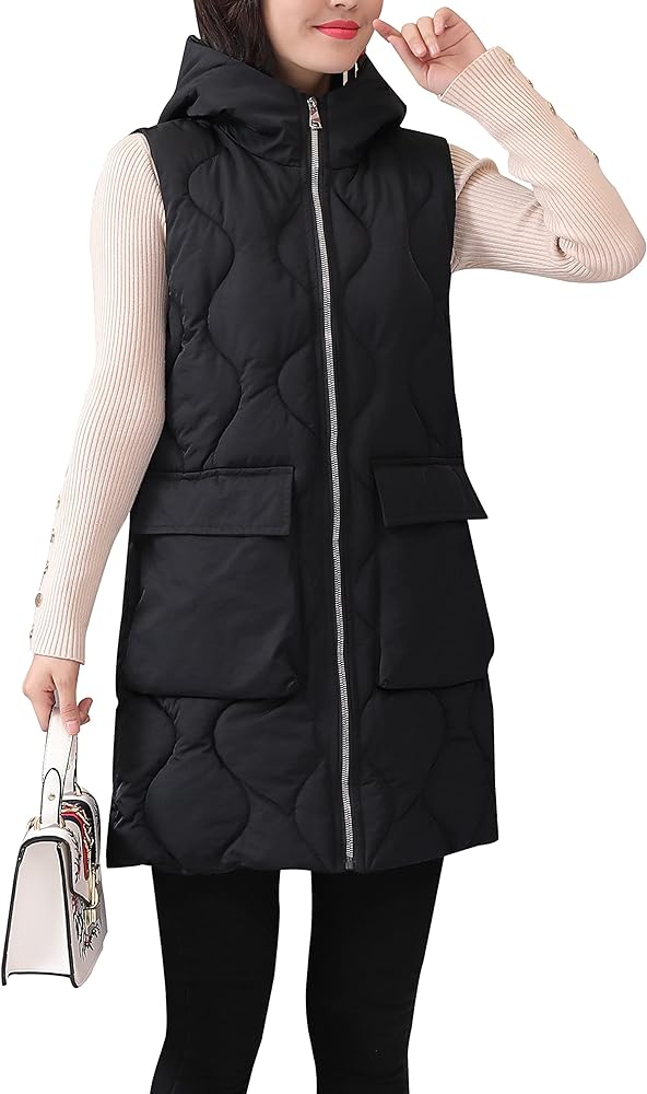 HangNiFang Winter Long Puffer Vest for Women Zip Up Hoodie Quilted Vest Jacket