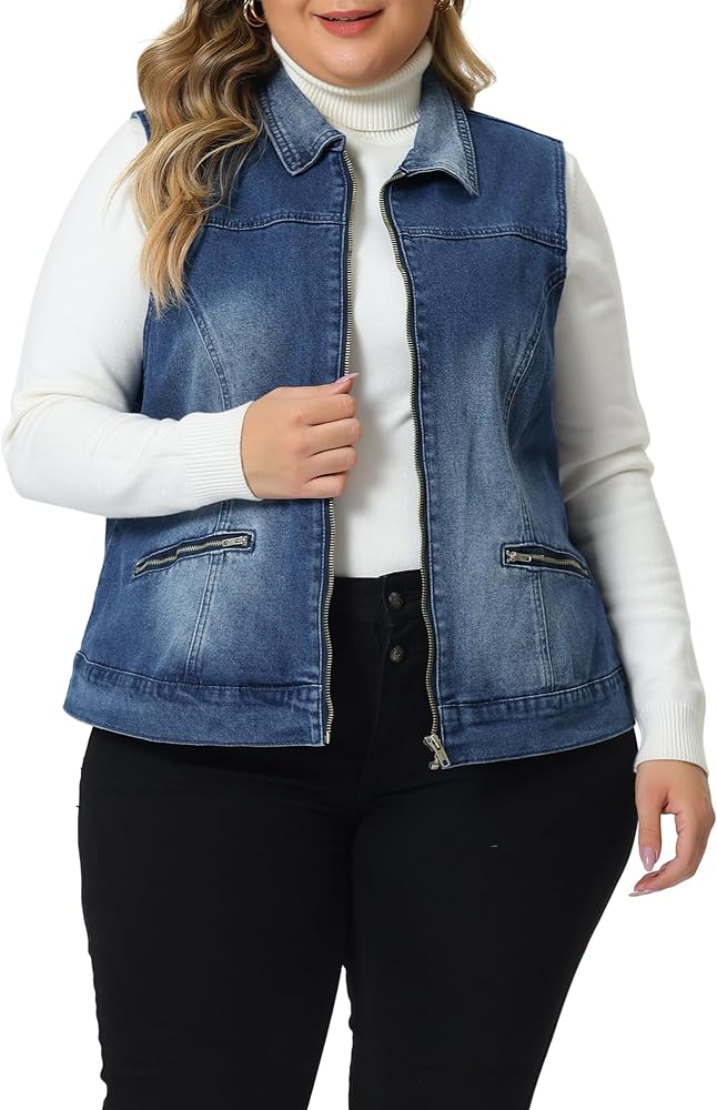 Agnes Orinda Plus Size Denim Vest for Women Sleeveless Classic Washed Zip With Pockets Denim Jackets