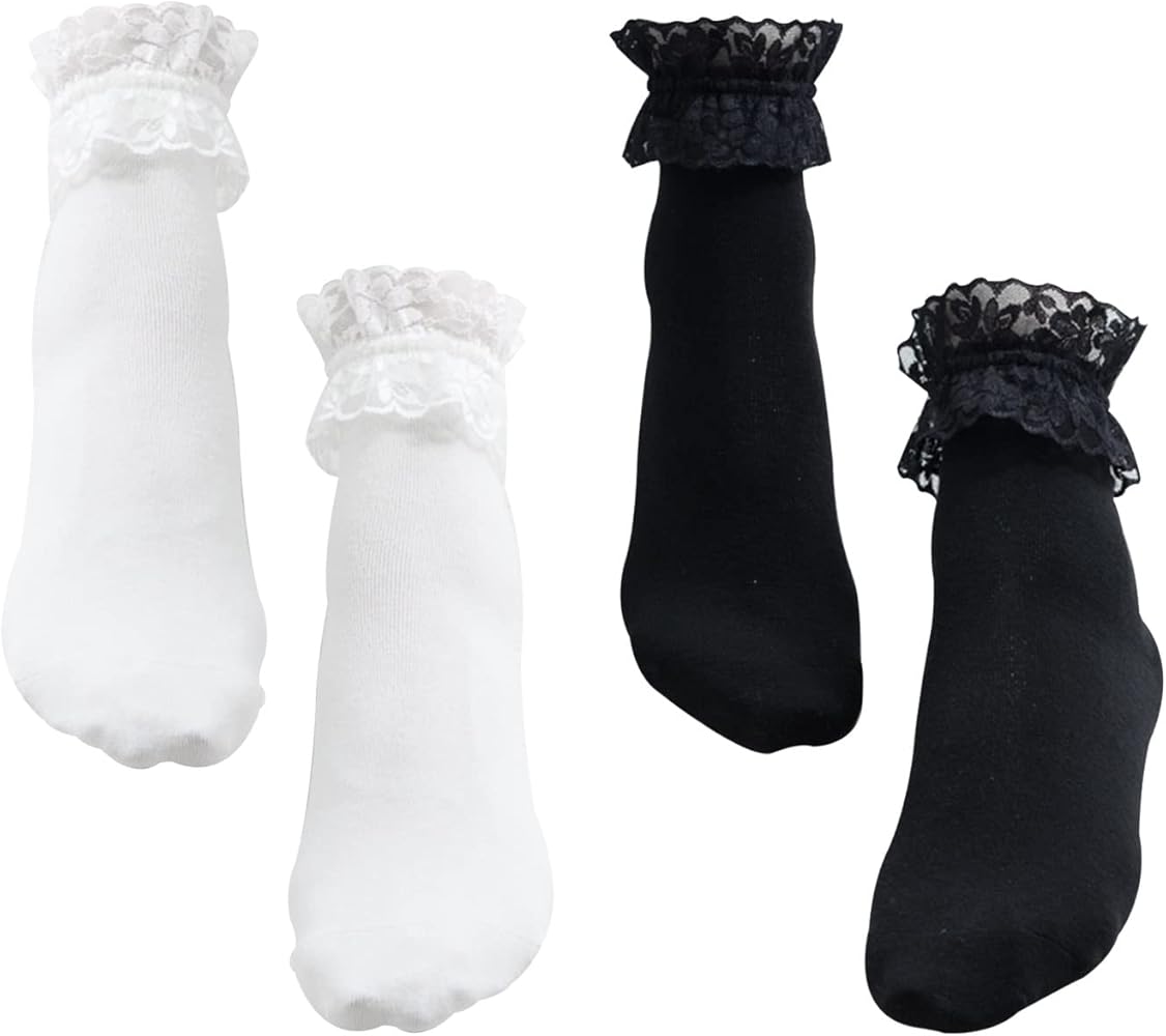 2Pairs Set Women's Lace Anklet Sock with Ruffle Comfortable No-Show Cotton Opaque Anklet Socks Princess Socks for Women Girls Black+White